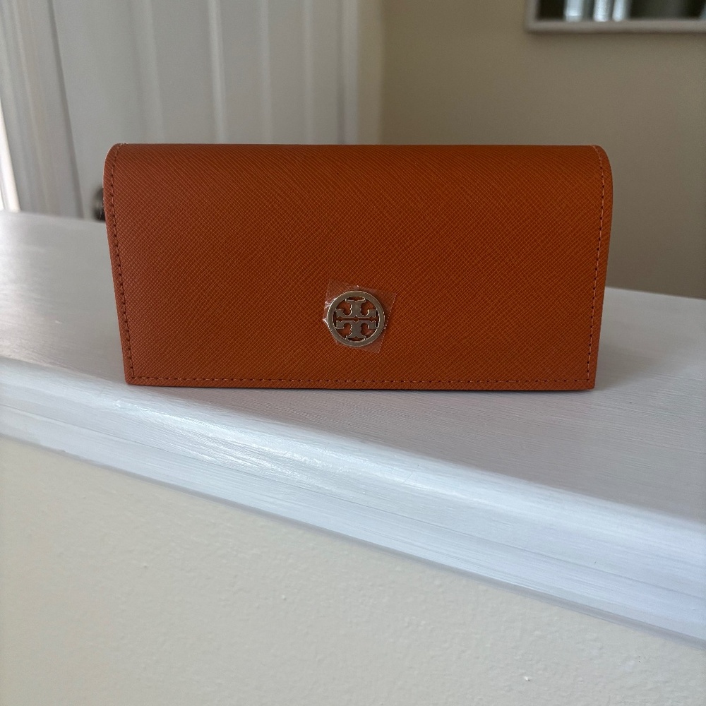 TORY BURCH Eyeglass Case Glasses Sunglasses Orange Gold Logo Holder FALL COLOR
